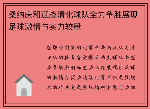 桑纳庆和迎战清化球队全力争胜展现足球激情与实力较量